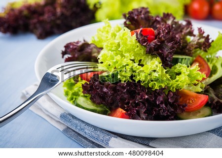 Fresh salad with green and purple lettuce, tomatoes and cucumbers on blue wooden background close up. Healthy food.
