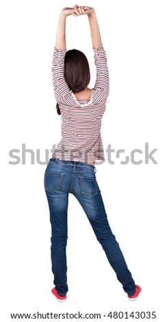 back view of standing young beautiful  brunette woman. girl  watching. Rear view people collection.  backside view of person.  Isolated over white background. 