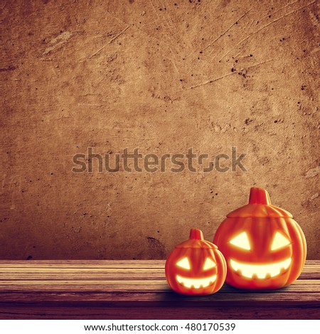 Halloween pumpkin on table wood with concrete wall background, halloween background concept, copy space.
