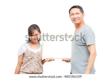 Asian thailand father and daughter smile holding blank board, isolated on white background with copy space. Board with blank can add your text or others. clipping path in picture.