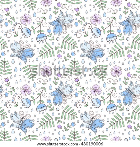 Forest vector seamless pattern with flowers and butterfly's . Cute print with butterfly's.
