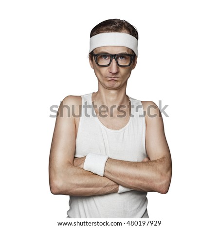 Funny sport nerd pretending tough guy isolated on white background Royalty-Free Stock Photo #480197929