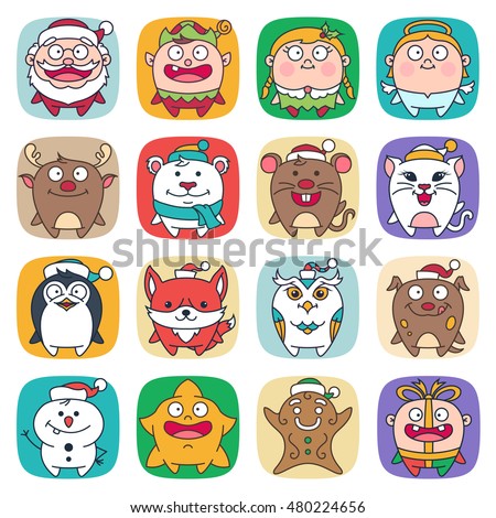 Cute Christmas Characters in Flat Line Style Vol.1 - Contain: owl, penguin, polar bear, reindeer, santa, snowman, star, angel, cat, dog, elf, fox, gift, gingerbread, girl, mouse.