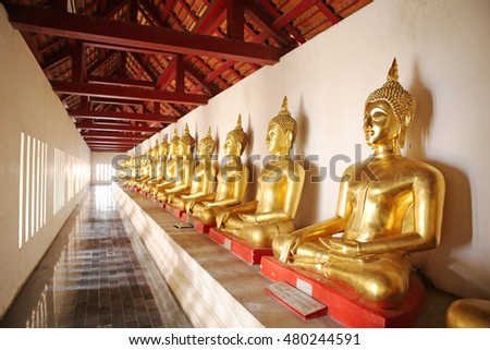 Golden buddha terrace around the royal temple. Wat Phra Si Rattana Mahathat Woramahawihan Phitsanulok Province, Thailand 