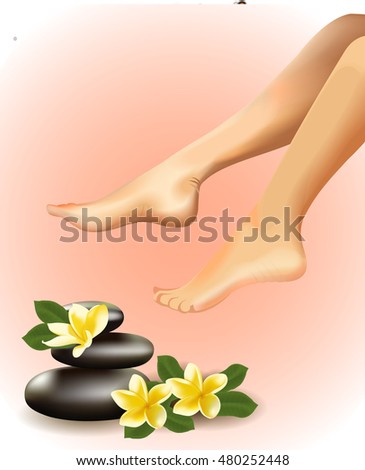 SPA concept with realistic female feet, frangipani and stones.