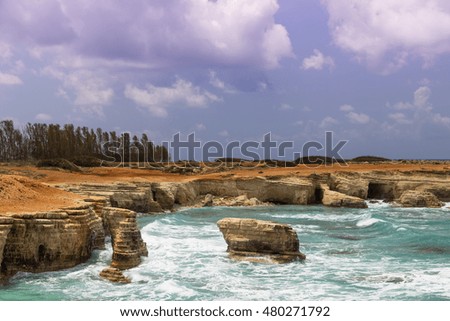 maritime landscape - turquoise sea with waves and rocks on  background of   cloudy sky. Cliffs  at water. The Mediterranean coast near Paphos, Cyprus