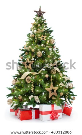 Christmas tree with lights and gifts isolated on white