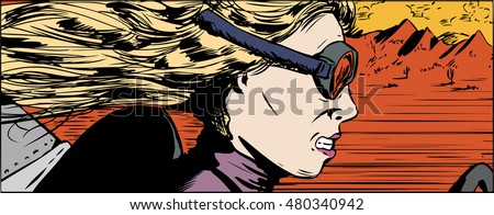 Illustration of intense woman in goggles racing her car in desert