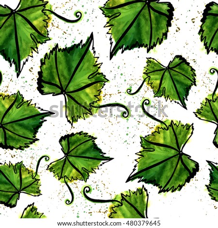 A seamless background pattern with a freehand vector and watercolour drawing of a green vine leaf with a tendril, hand painted on white background; a decoration for a restaurant wine list