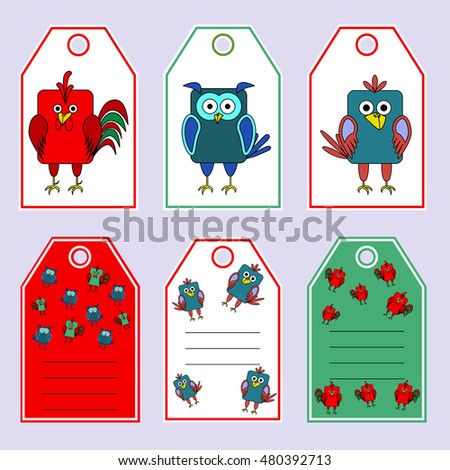 Set gift tags. Stock vector set of children's birthday party. Flat bird design. Rounded rectangle rooster, cock, owl, crow. Place for an inscription. Congratulation, invitation, design cards.