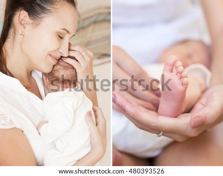 Beautiful collage of delicate picture of the child and mother. Photo legs, handles baby closeup. Lovely baby's legs. Newborns.