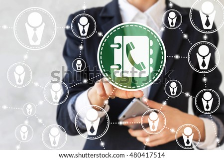 Businessman touched contact book icon with handset on touch screen. Businesswoman presses button phone adress book. Address book sign, search contact. Internet, network, call, business concept.