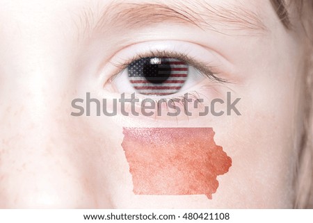 human's face with national flag of united states of america and iowa state map. concept