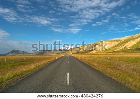 Isolated road and Icelandic colorful landscape at Iceland, summer
