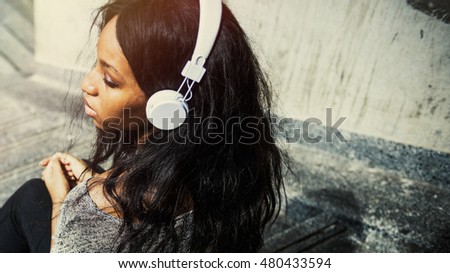 Girl Earphones Music Relax Outdoors Concept