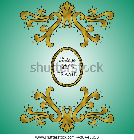 Vector vintage frame with ornament. Retro invitation, greeting card template made with gold texture
