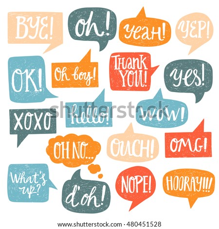 Hand drawn set of speech bubbles with handwritten short phrases yes, thank you, bye, ok, hooray, omg, wow, oh boy, xoxo, what's up, ouch, oh, yeah, oh no, nope, yep, hello