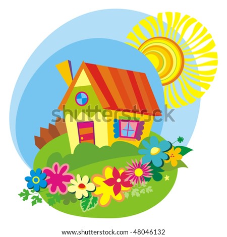 Rural background with cute little house. Vector illustration.