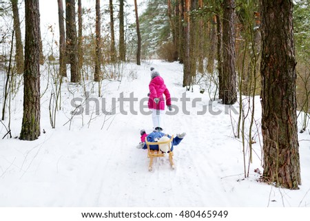 Two adorable little sisters enjoying sleight ride on snowy winter day