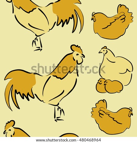 Vector seamless pattern of stylized rooster, hen, cock, chicken with hole and spots on colored background. Hand drawn. Colorfil seamless cock and hen background.