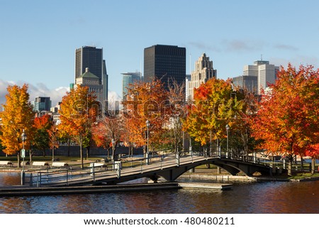 skyline and Colorful trees in historical Old Montreal seen from the Old Port bassin at fall, Canada.
