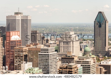 Part of downtown Montreal and its iconic buildings seen from the Mount Royal, Canada.