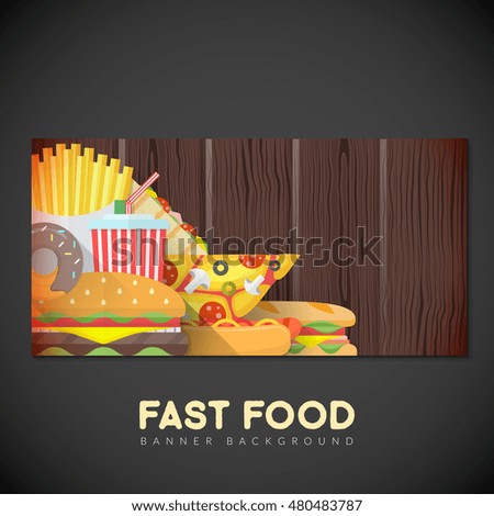 vector colorful flat design various fast food illustration empty wood textured dark isolated background deco banner template
