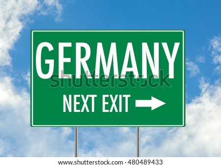 Germany to next exit from European comunity green road sign over blue sky background. Concept road sign collection.