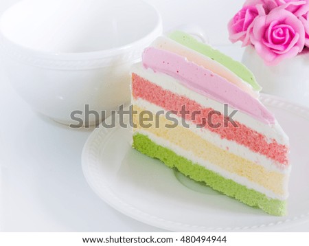 Sweet layered cake with beautiful flower with copy space for wonderful morning in soft blurred background