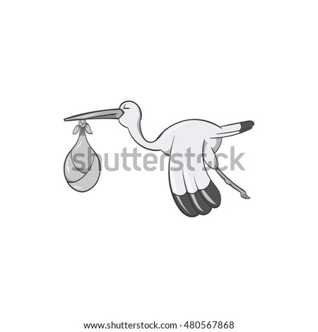 Stork with baby icon in black monochrome style isolated on white background. Newborn symbol vector illustration
