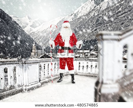 red santa claus and terrace with landscape of mountains 