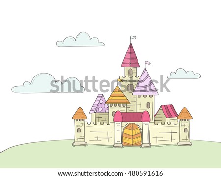 Cartoon fairy tale castle for children, princess kingdom with flags. Hand drawn vector illustration 