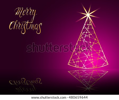 stylized Christmas tree on decorative background. Merry Christmas lettering text for internet sites, gift cards, flyers and presentations. Vector illustration.