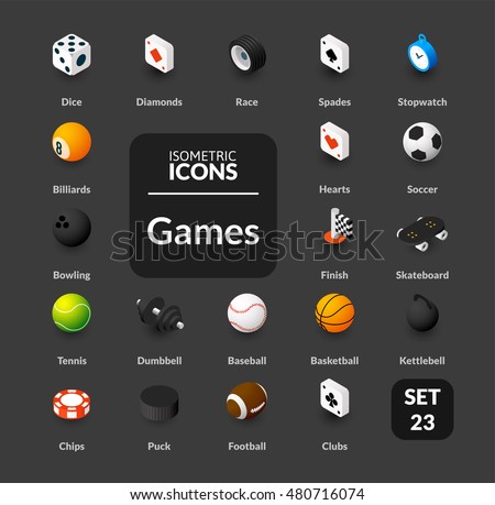 Color icons set in flat isometric illustration style, vector symbols - Sport and game collection