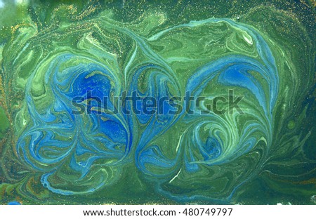 Blue and golden liquid texture, watercolor hand drawn marbling illustration, abstract background.