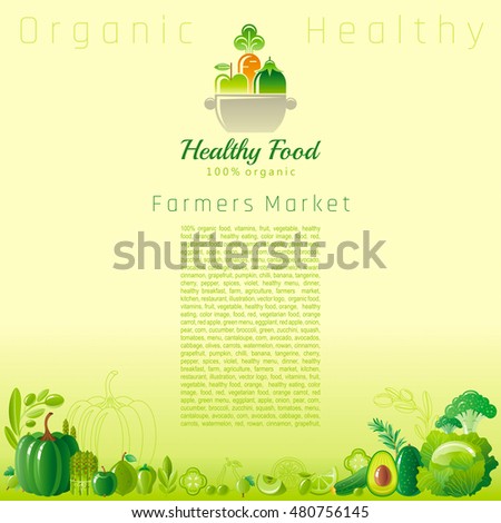 Green autumn farmers market fruit and vegetable vector. Food icons, text lettering cooking logo, organic diet icon. Fruits - lime, apple. Vegetables - avocado, cabbage, cucumber, olive, basil, herbs