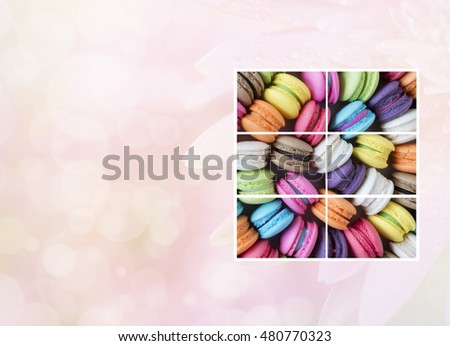 Photo frame of colorful macarons in the box with sweet pink color background