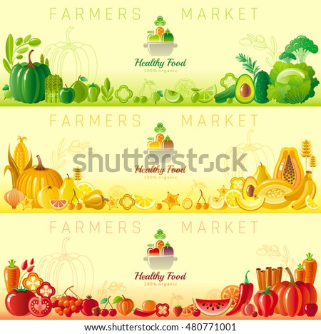 Farmers market fruit and vegetable banner set with food icons, text lettering cooking pan logo, organic diet icon. Fruits - apple, banana,orange, lemon. Vegetables - pumpkin, avocado, tomato, herbs