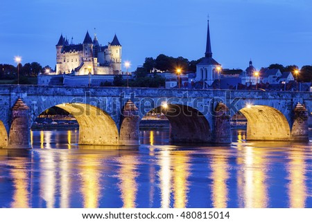 Panorama of Saumur at night. Saumur, Pays de la Loire, France Royalty-Free Stock Photo #480815014