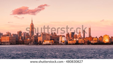 NYC skyline panorama at sunset