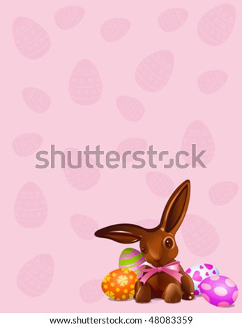 A  chocolate Easter bunny  with Easter Eggs background