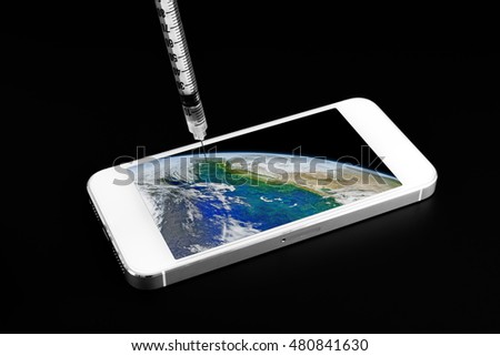 Mobile,cell phone,smart phone with earth globe on screen and syringe on black background. Elements of this image furnished by NASA.