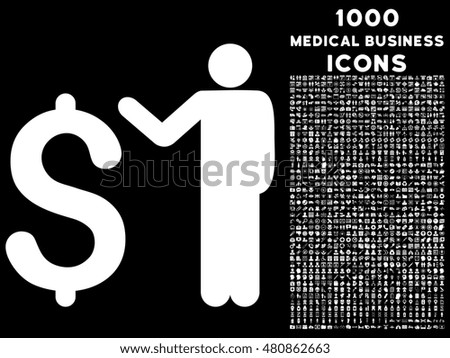 Banker raster icon with 1000 medical business icons. Set style is flat pictograms, white color, black background.