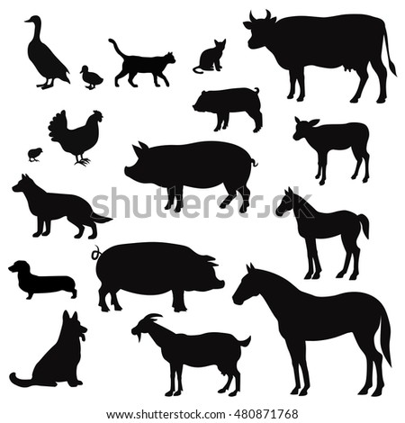 Vector farm animals silhouettes isolated on white.