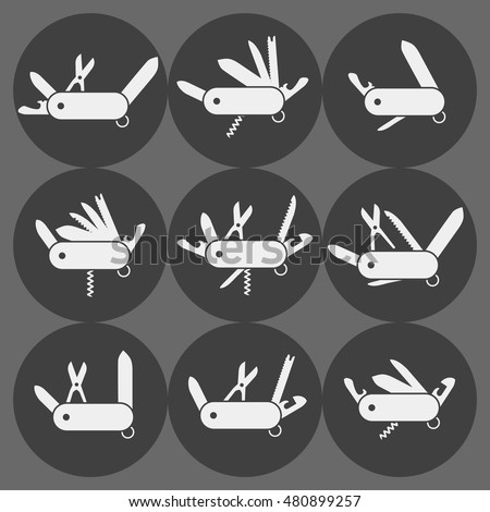 Variation of folding knife flat icon vector; Different Folding army knife; multi-tool instrument sign vector isolated Royalty-Free Stock Photo #480899257