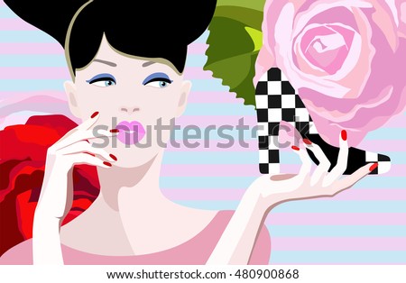 Abstract  illustration of thinking girl, shoes pattern in square White and black , floral background with red pink roses, art fashion, color vector design print beauty, woman shop, sale, discount, buy