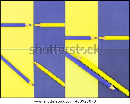Photo collage of Yellow and Violet coloured pencils and paper, abstract contrast conceptual image
