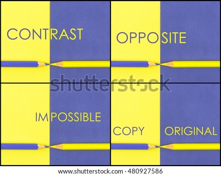 Photo collage of CONTRAST concept over Yellow and Violet coloured paper. Words Contrast, Opposite, Impossible, Copy Original