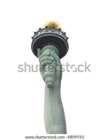 Statue of Liberty on Liberty Island in New York City. - isolated  on white background - hand only
