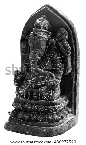 Black and white photo (Sepia tone). Molding of Bal Ganesh. Low key picture and high contrast.